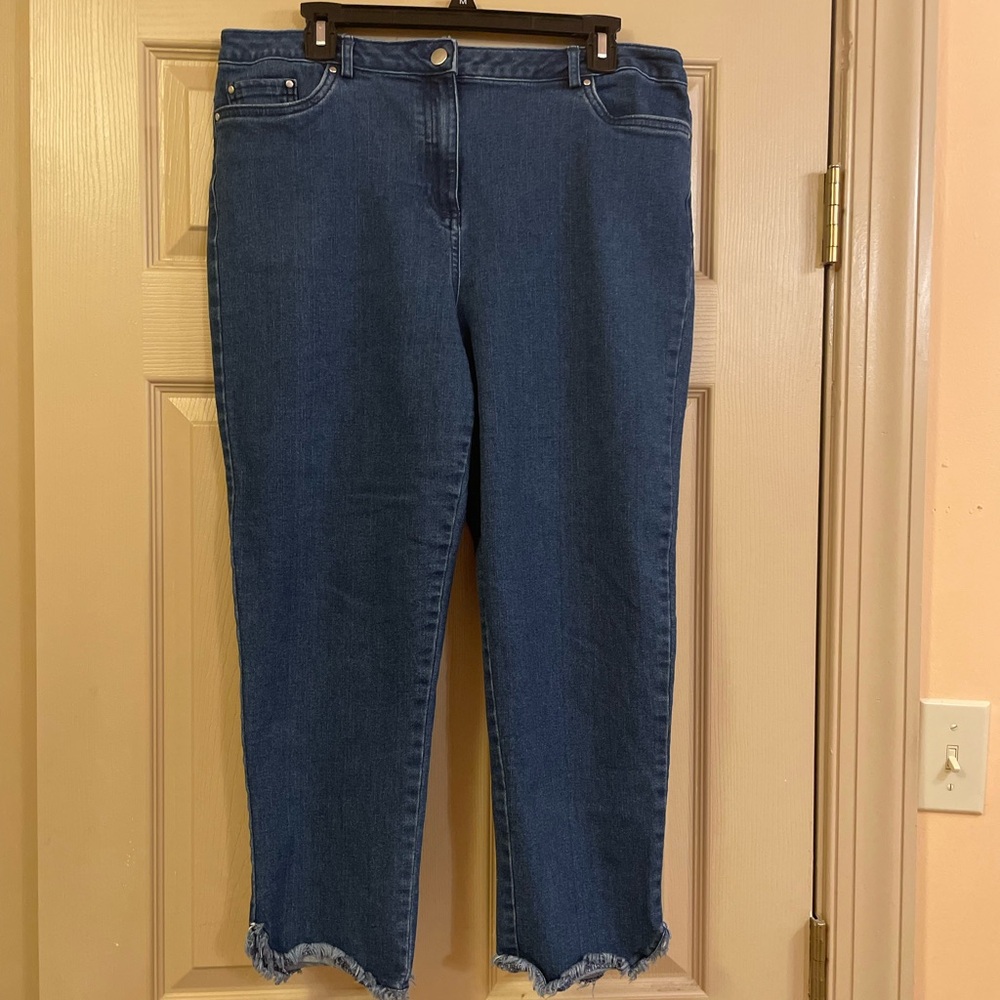 Ruby Rd. Blue Cropped Women's Jeans with Pretty Distressed Hem Detail, Size 14P